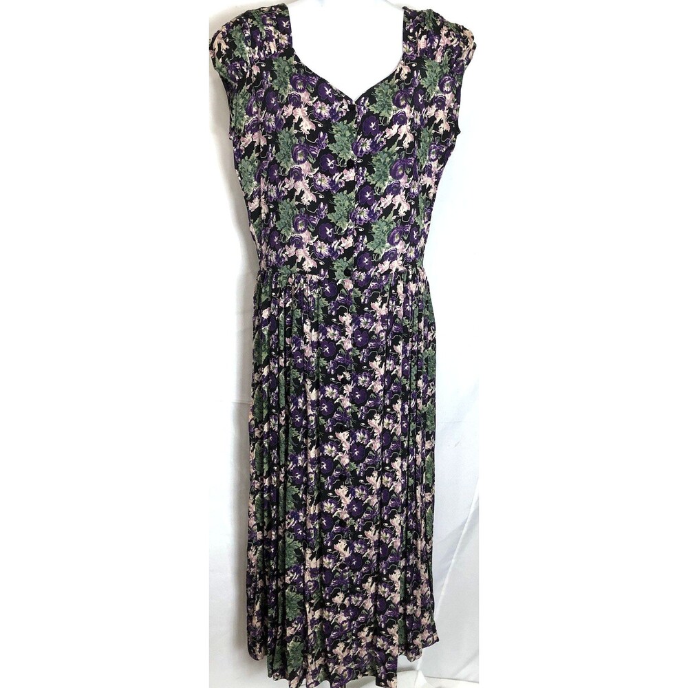 Vintage Paris Maxi dress Purple 7 floral Ruffle Ruched sleeve Garden Tea cottage